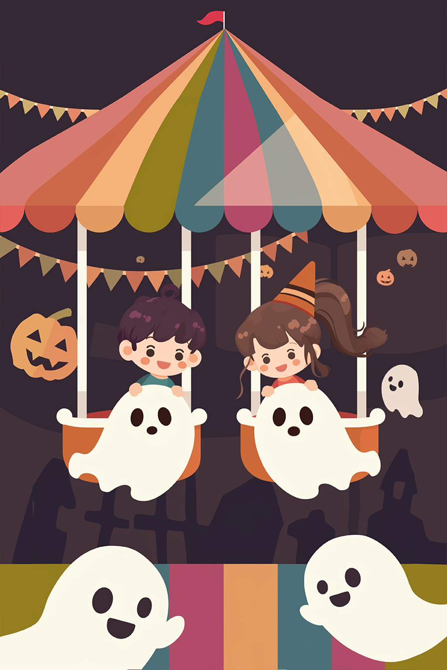 cute halloween drawings for kids featuring a merry-go-round with children and friendly ghosts